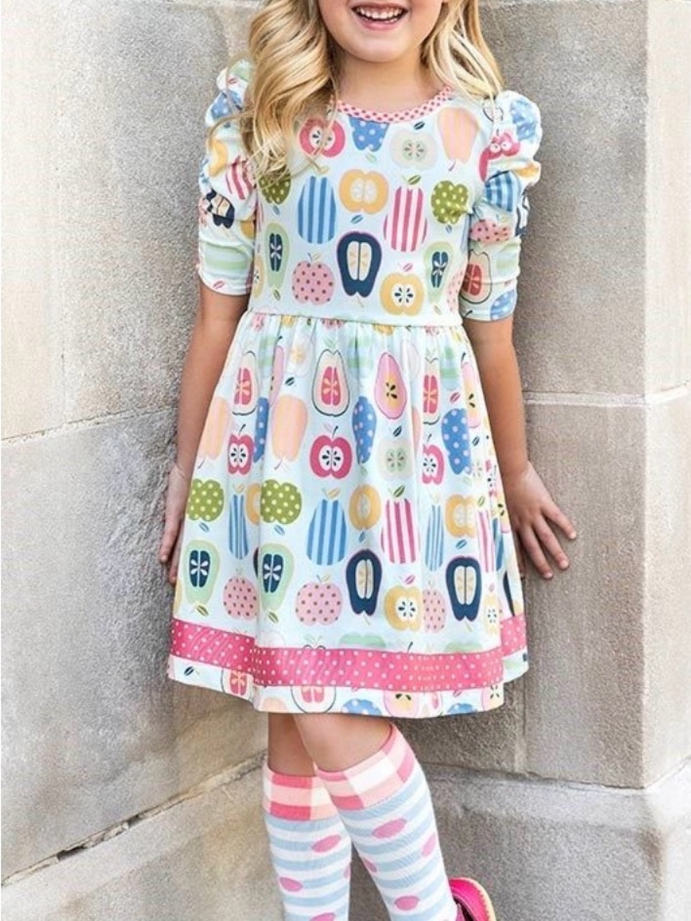 Matilda Jane Pastel Fruit-Print Puff Sleeve Dress in Pink, Blue, Yellow, Green
